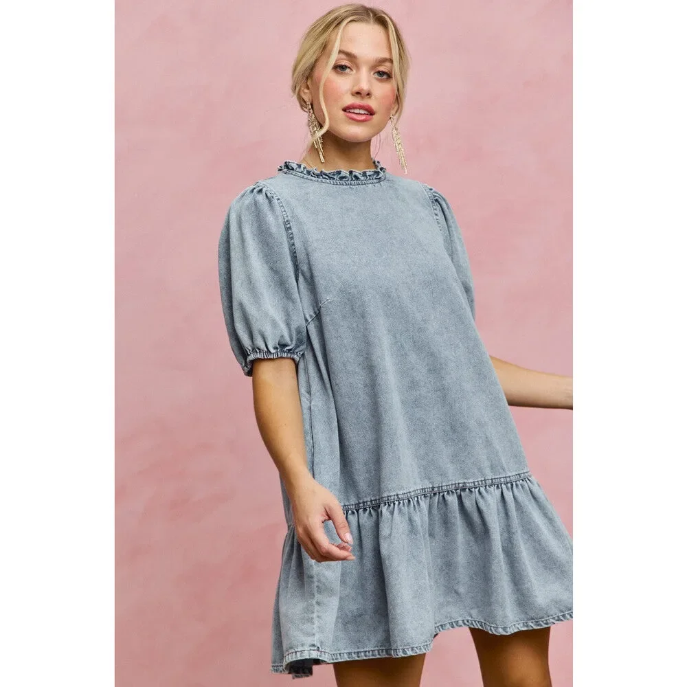 SO ME Denim Short Sleeves Mini Tiered Dress - Picture 6 of 15